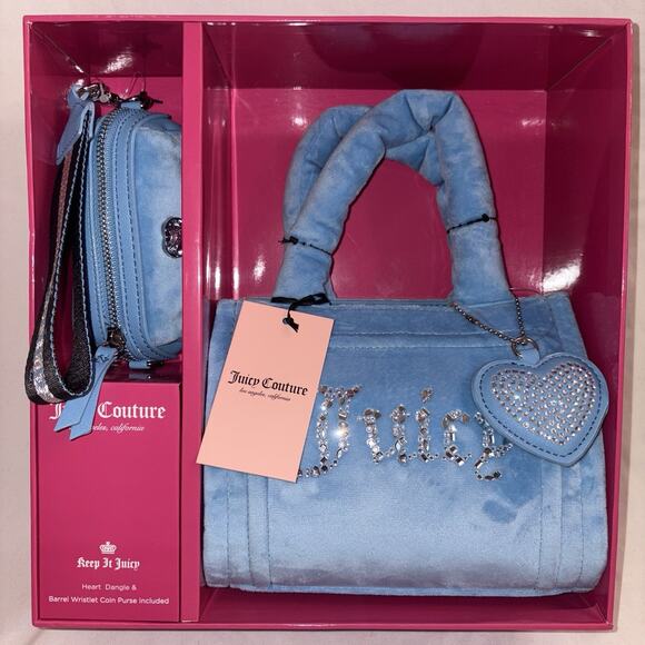 Juicy Couture Heart Dangle & Barrel Wrislet Coin Purse Gift Purse Baby Blue - Picture 1 of 7